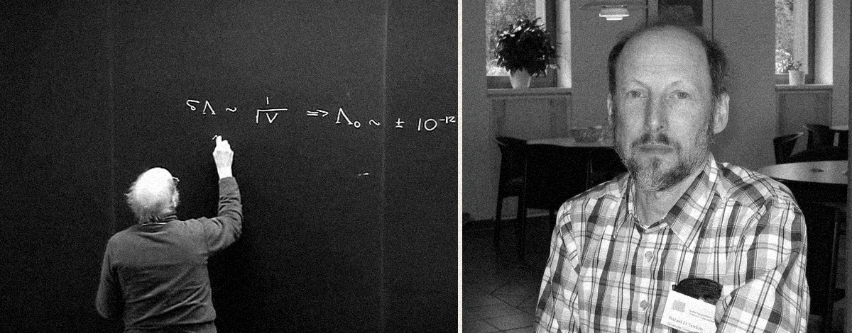 Rafael Sorkin writing on a blackboard and seated for a portrait