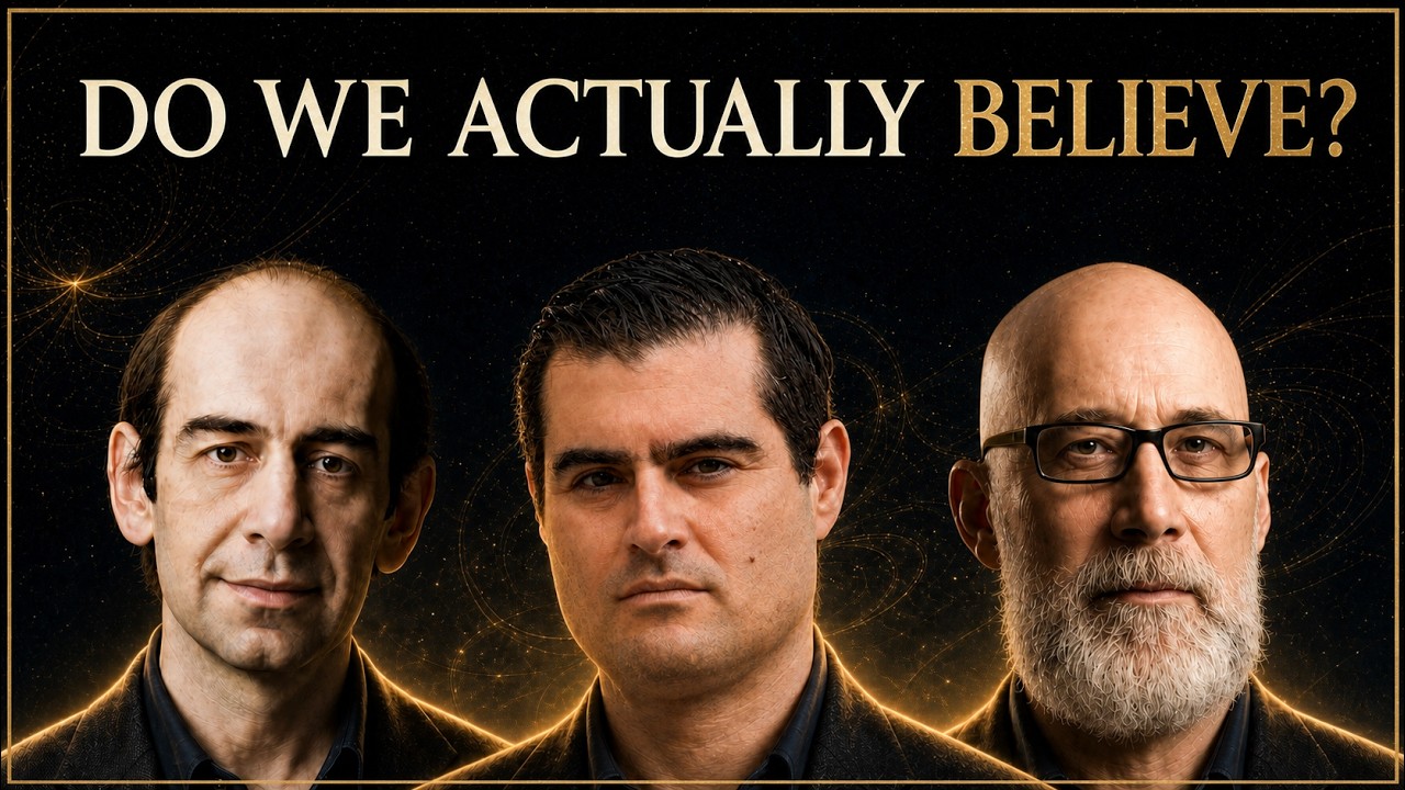 Video thumbnail showing Niayesh Afshordi, Brian Keating, and Adam Frank beneath the words Do We Actually Believe