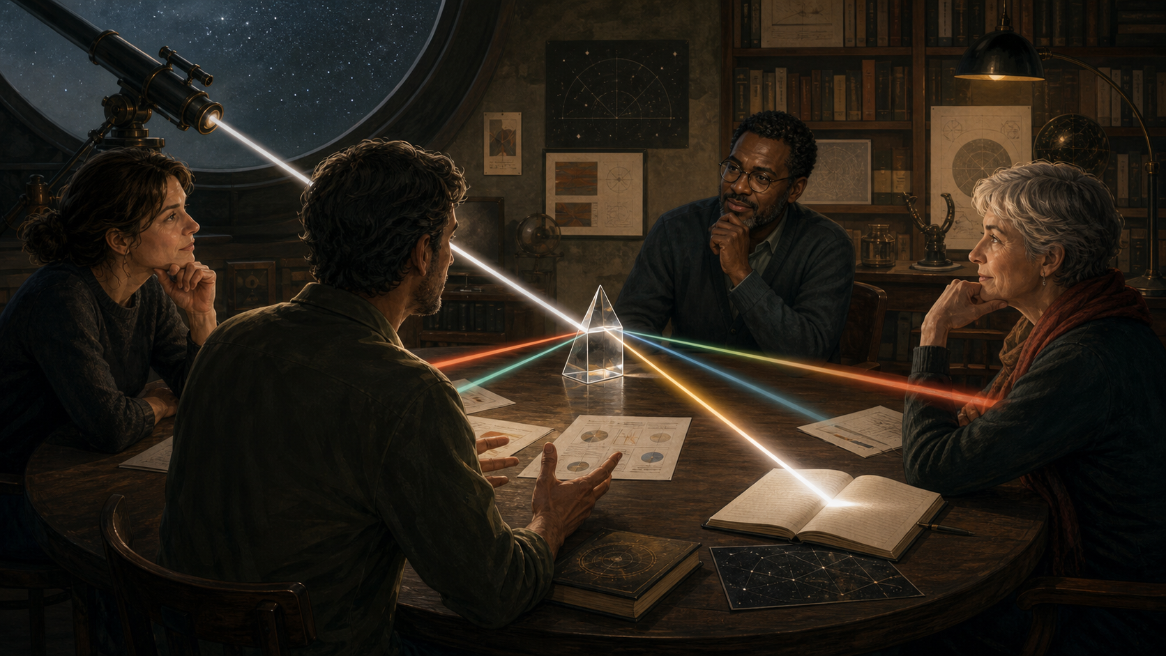 Four people in a dark, book-lined study debate around a table as a beam of starlight passes through a glass prism, splitting into colored rays across papers and an open book.
