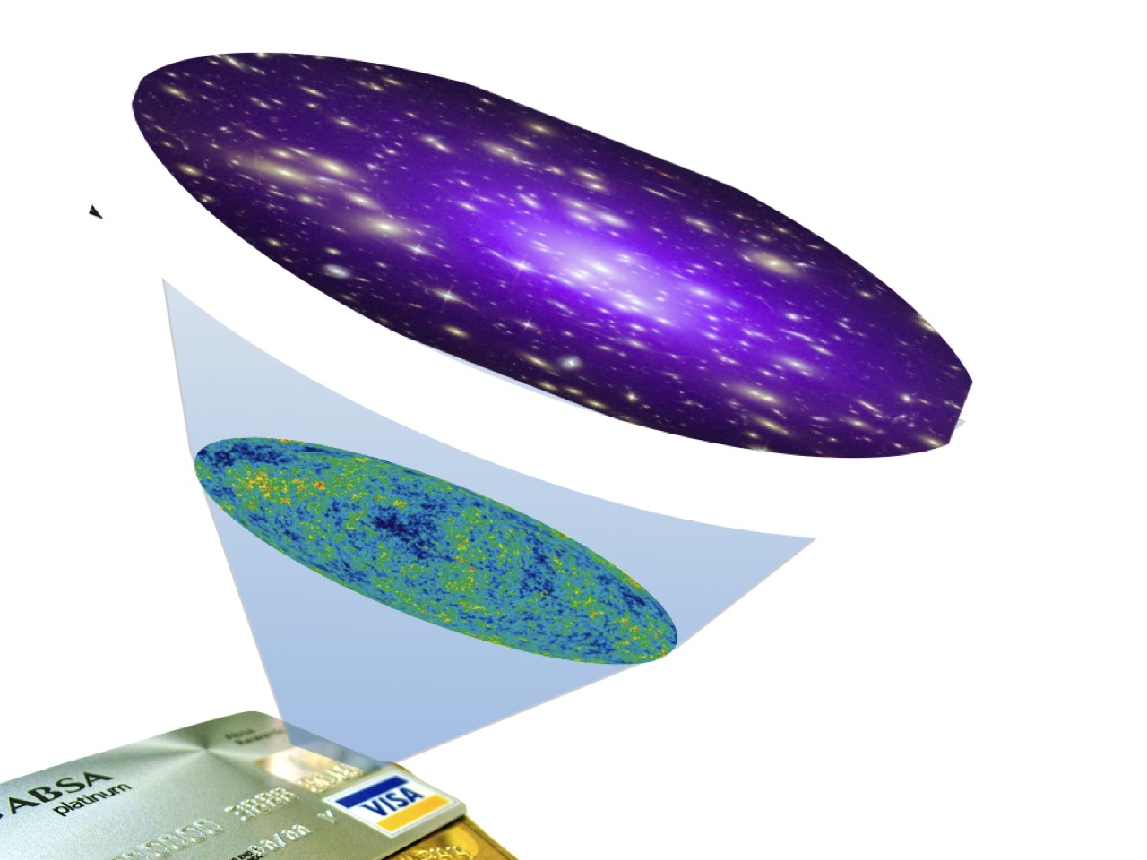 Illustration connecting the early universe to the cosmic microwave background and present-day galaxies