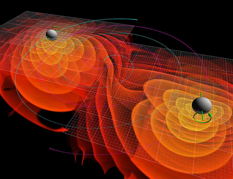 Illustration of merging black holes and emitted gravitational waves