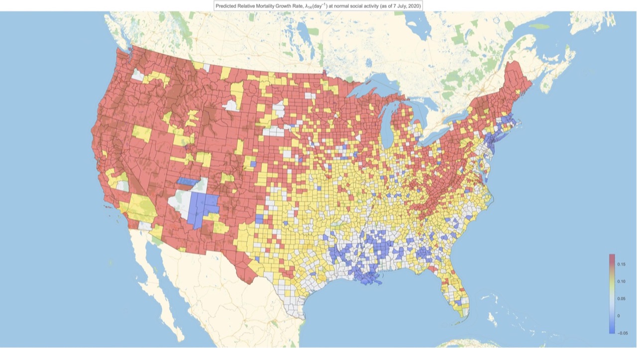 County-level United States map of predicted COVID-19 mortality growth rate