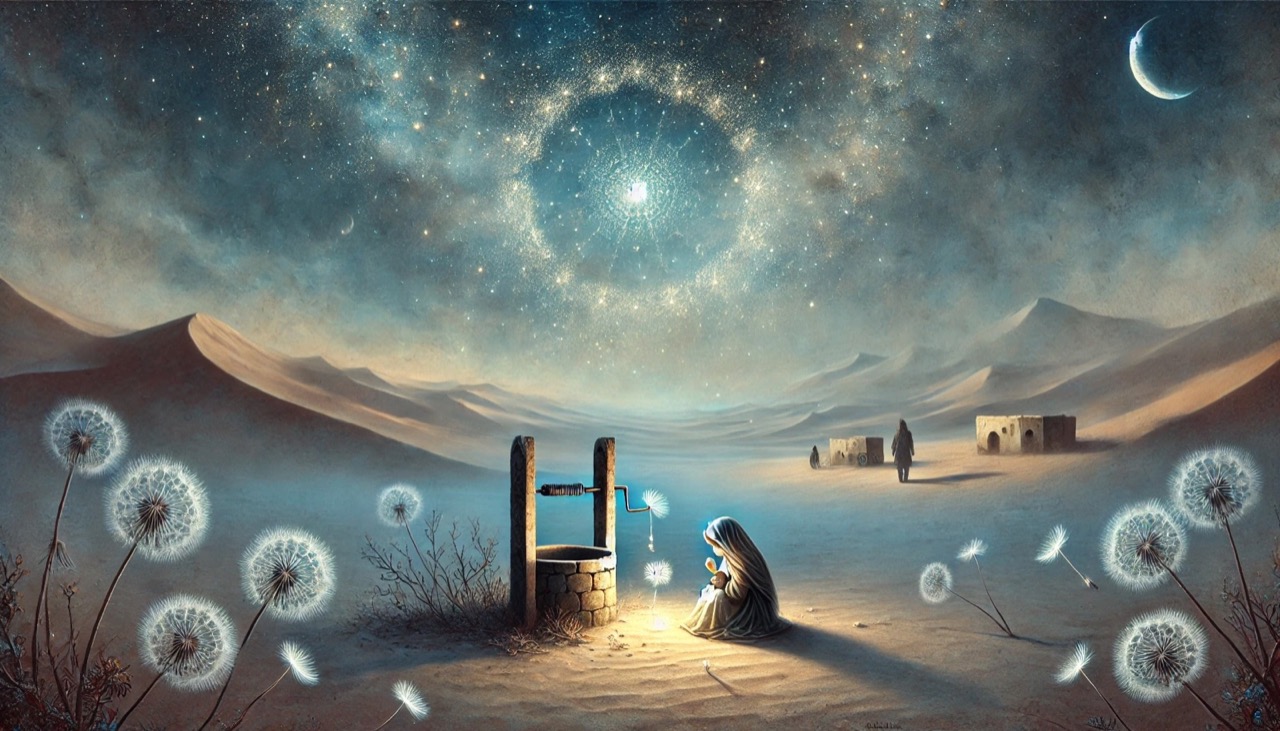 A surreal and poetic desert scene under a star-filled night sky. At the center, a young girl sits alone by an old, weathered well, her tear-streaked face illuminated by the soft glow of moonlight. Dandelion seeds float gently on the breeze, adding a sense of delicate hope. In the background, the faint outline of a soldier’s boots is barely visible, adding a subtle but poignant presence. The landscape is bathed in muted, dreamy colors of silvery blues and sandy tones, creating an atmosphere of melancholy, mystery, and quiet resilience --- Image and alt text by ChatGPT